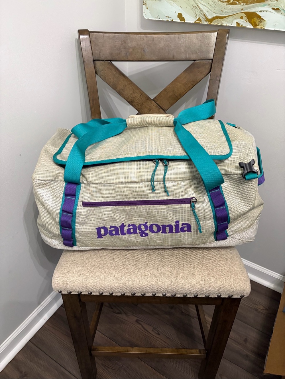 Patagonia Black Hole Duffel 60L Vintage Mesh Grid White Teal Purple STY49341